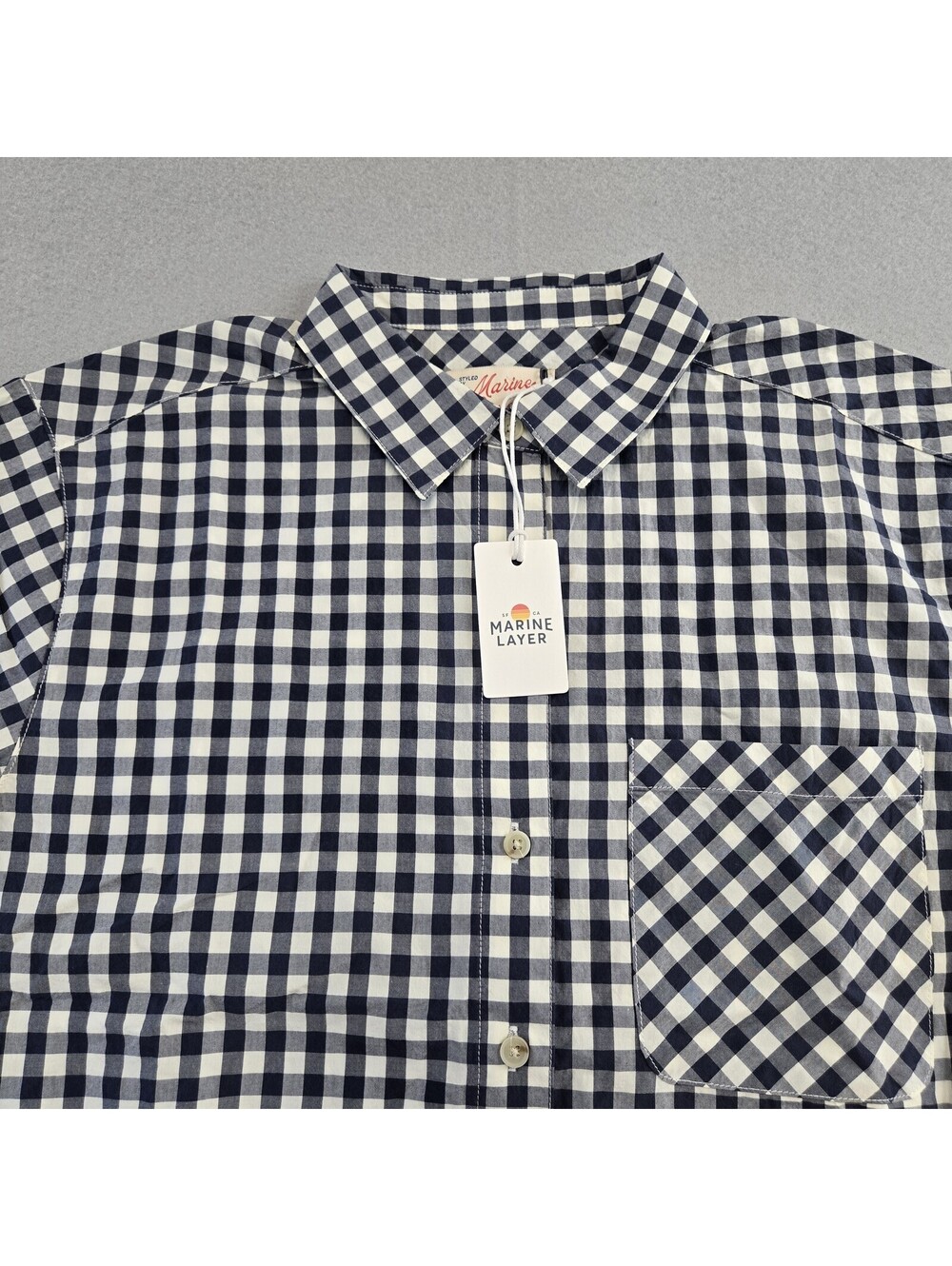 Marine Layer Gingham Button Up Shirt Womens M Navy White Pima Cotton Relaxed NWT - Picture 4 of 12
